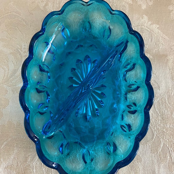 MCM Turquoise Blue 7” divided dish with thumbprint design