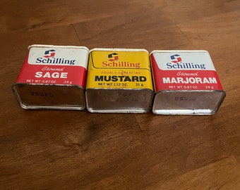 5 Schilling Spice Tins: Cloves, Mace, Marjoram, Sage, Mustard and