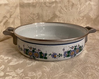 Vintage Asta German Blue Floral Speckle Enameled casserole/Pot 8.5”  with 2 handles.