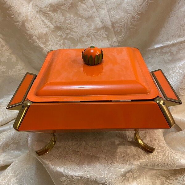 MCM orange metal chaffing/food warmer for a square Anchor Hocking casserole dishe