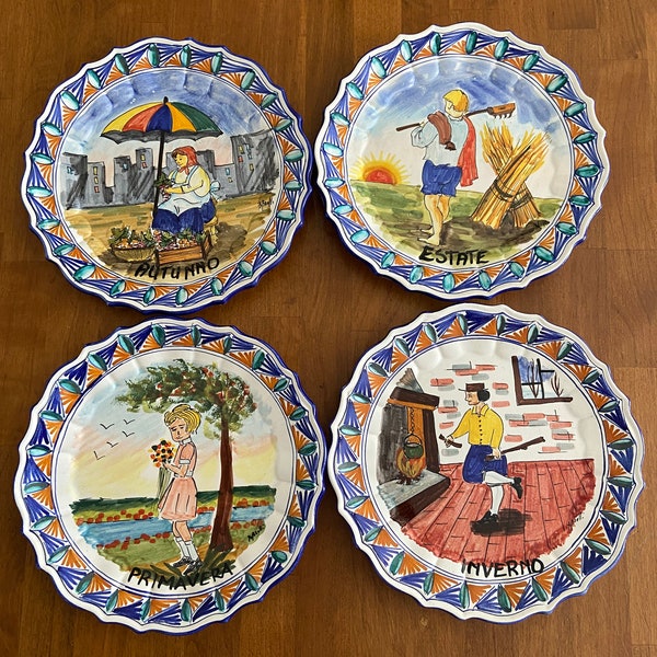 Hand Painted Italian set of 4 seasons plates signed and made for Biordi Artisan