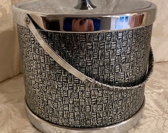 Mid Century Silver toned Ice Bucket with Basket Weave pattern, made in Japan