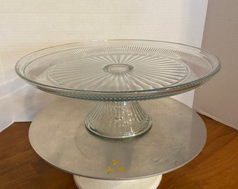 VTG 12” Anchor Hocking clear, round, glass Cake/ goodies stand with pedestal base, clean simple design