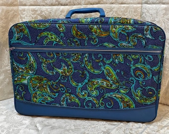 Mid Century Paisley print on canvas in blues and greens zippered carry on/over night luggage, About 18 1/2” x 12” x 5”