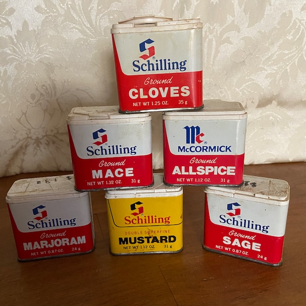 5 Schilling spice tins: Cloves, Mace, Marjoram, Sage, Mustard and 1 McCormick All Spice tin