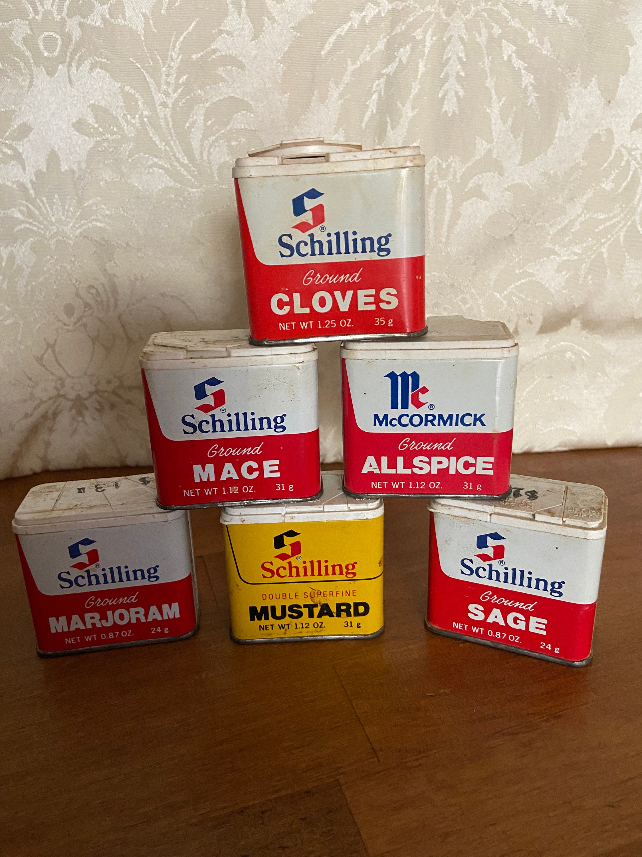 Sage Schillingスパイス缶ティン缶アメリカ製 ヴィンテージ 5 Schilling Spice Tins: Cloves, Mace, Marjoram, Sage, Mustard and