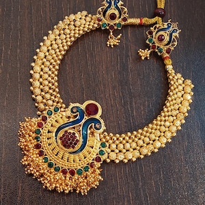 Kolhapuri Thushi Inspired Necklace | Maharashtrian Bridal Jewelry | Traditional Imitation Jewellery Set | Ethnic Indian Gold Tone Choker