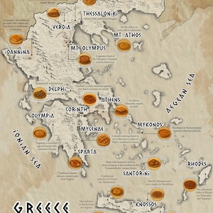 Puede incluir: Un mapa detallado de Grecia, que muestra varias regiones y sus platos tradicionales. El mapa incluye etiquetas de texto para ciudades como Atenas y Santorini, con ilustraciones de alimentos locales como souvlaki y bougatsa. El mapa está en un estilo vintage.