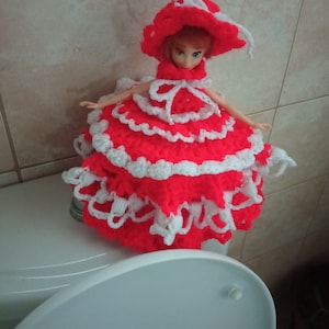 Handmade Red Crocheted doll dress. Toilet roll cover, bathroom decor, mother's day gift