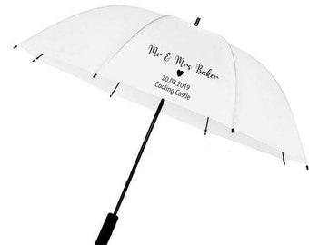 Weißer personalisierter Hochzeitsschirm / Brolly, Brautschirm, Herr und Frau Regenschirm