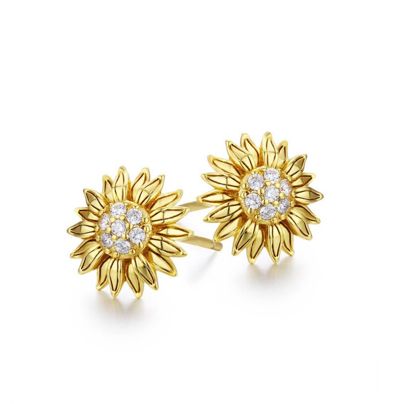 Sunflower Earrings Gold Earrings Cubic Zirconia Etsy