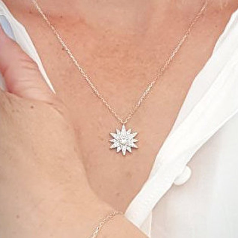 Polaris Necklace Starburst Necklace Compass Necklace Sterling Silver North Star Necklace with Cubic Zirconia