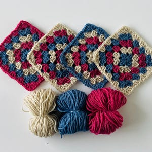 Crochet Granny Square Starter Kit: Your Creative Adventure Awaits! Red, blue & oatmeal