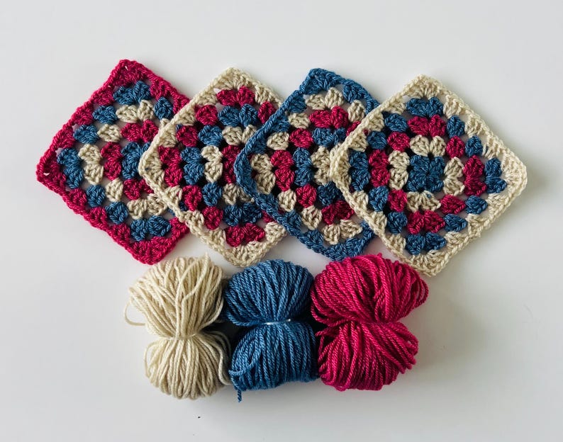 Crochet Granny Square Starter Kit: Your Creative Adventure Awaits! Red, blue & oatmeal