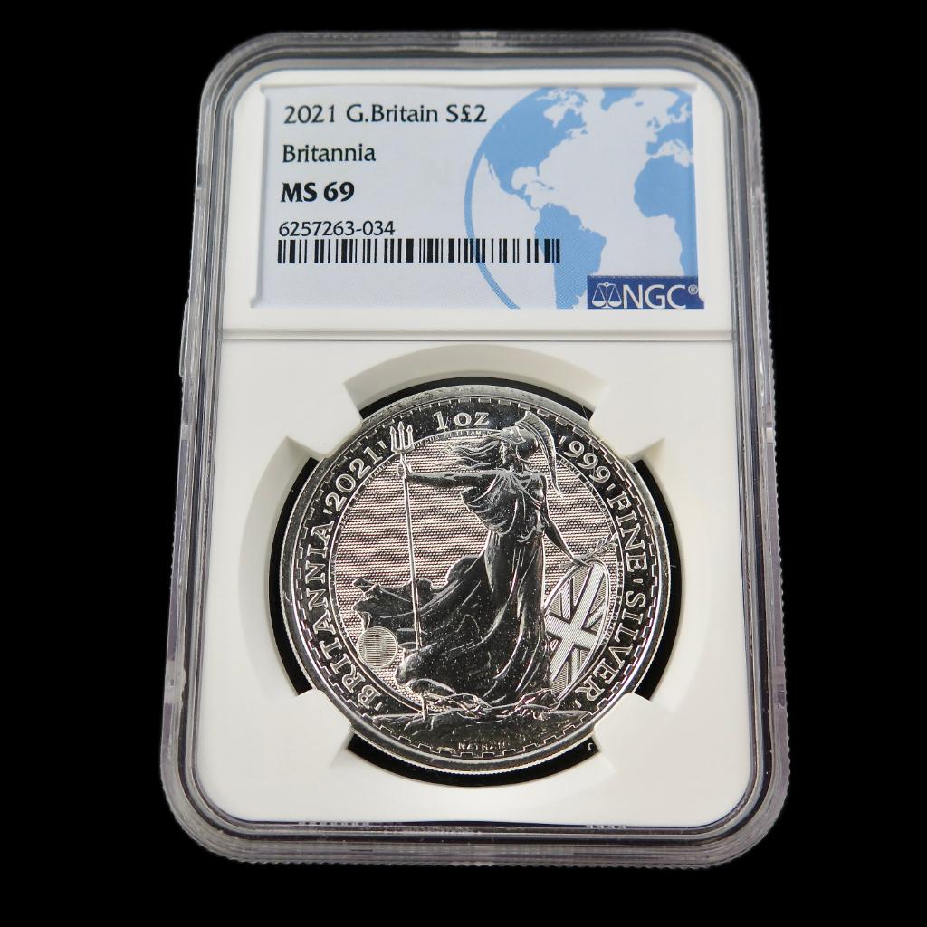 2021年 シルバーブリタニア 1オンスコイン、NGC MS69、ロイヤルミント