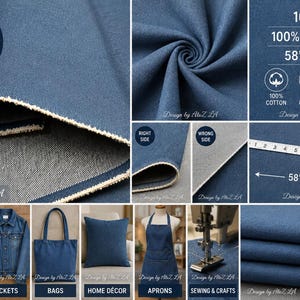 May include: A dark blue denim fabric with a 10 oz weight, 100% cotton composition, and 58-inch width. The textile features a visible twill weave, a frayed edge, and is shown in various applications including jeans, jackets, bags, pillows, and aprons.