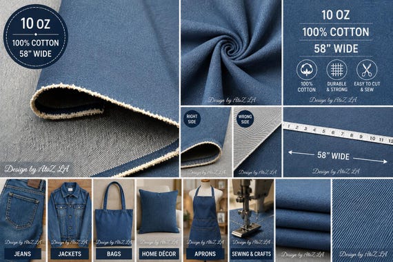 10 Oz Blue Denim Fabric, 100% Cotton Denim, 58” Wide, Medium Heavy Weight Jean Fabric, Sewing Apparel Upholstery, By the Yard