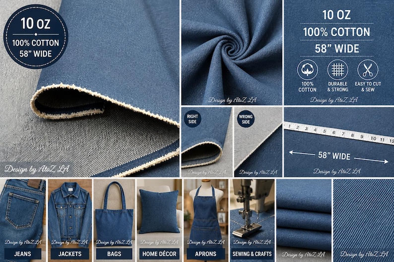 May include: A dark blue denim fabric with a 10 oz weight, 100% cotton composition, and 58-inch width. The textile features a visible twill weave, a frayed edge, and is shown in various applications including jeans, jackets, bags, pillows, and aprons.