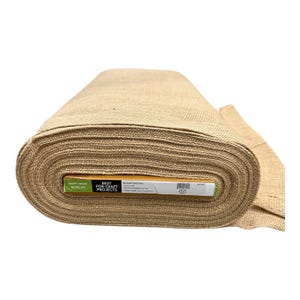 May include: A roll of natural burlap fabric. The fabric is a light brown color and is tightly rolled. The label reads "Happy Value Burlap" and "Best for Craft Projects". The burlap is suitable for various craft projects.