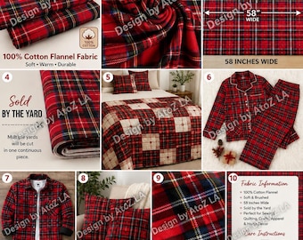 Tela de franela 100% algodón cortada a medida, tela de tartán a cuadros rojos, franela suave cepillada, ideal para acolchado, costura, ropa, pijamas y manualidades.