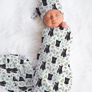 BEAR Baby Boy Swaddle Set, Accesorios para bebés Bear, Swaddle personalizado con nombre de bebé, Sombrero de niño bebé