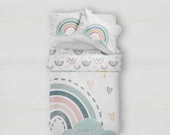 RAINBOW BEDDING SET, rainbow toddler bedding, girl nursery, girl toddler bedding set, personalized bedding