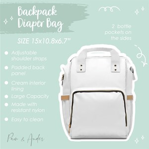 May include: White diaper bag backpack with gold accents and two side pockets. The bag is 15 inches by 10.8 inches by 6.7 inches. Features include adjustable shoulder straps, a padded back panel, cream interior lining, large capacity, and is made with resistant nylon. Easy to clean.