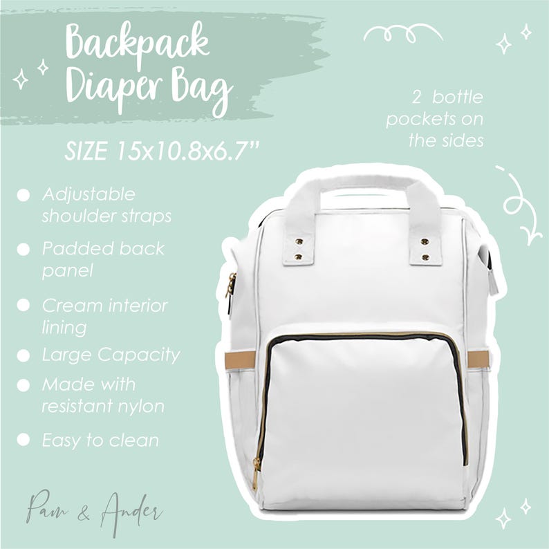May include: White diaper bag backpack with gold accents and two side pockets. The bag is 15 inches by 10.8 inches by 6.7 inches. Features include adjustable shoulder straps, a padded back panel, cream interior lining, large capacity, and is made with resistant nylon. Easy to clean.