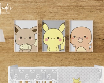 Poke Animals Wall Art Set, Baby Boy Digital Art, Poke Animals Nursery Set, Personalized Poke Baby Digital Files, Gray