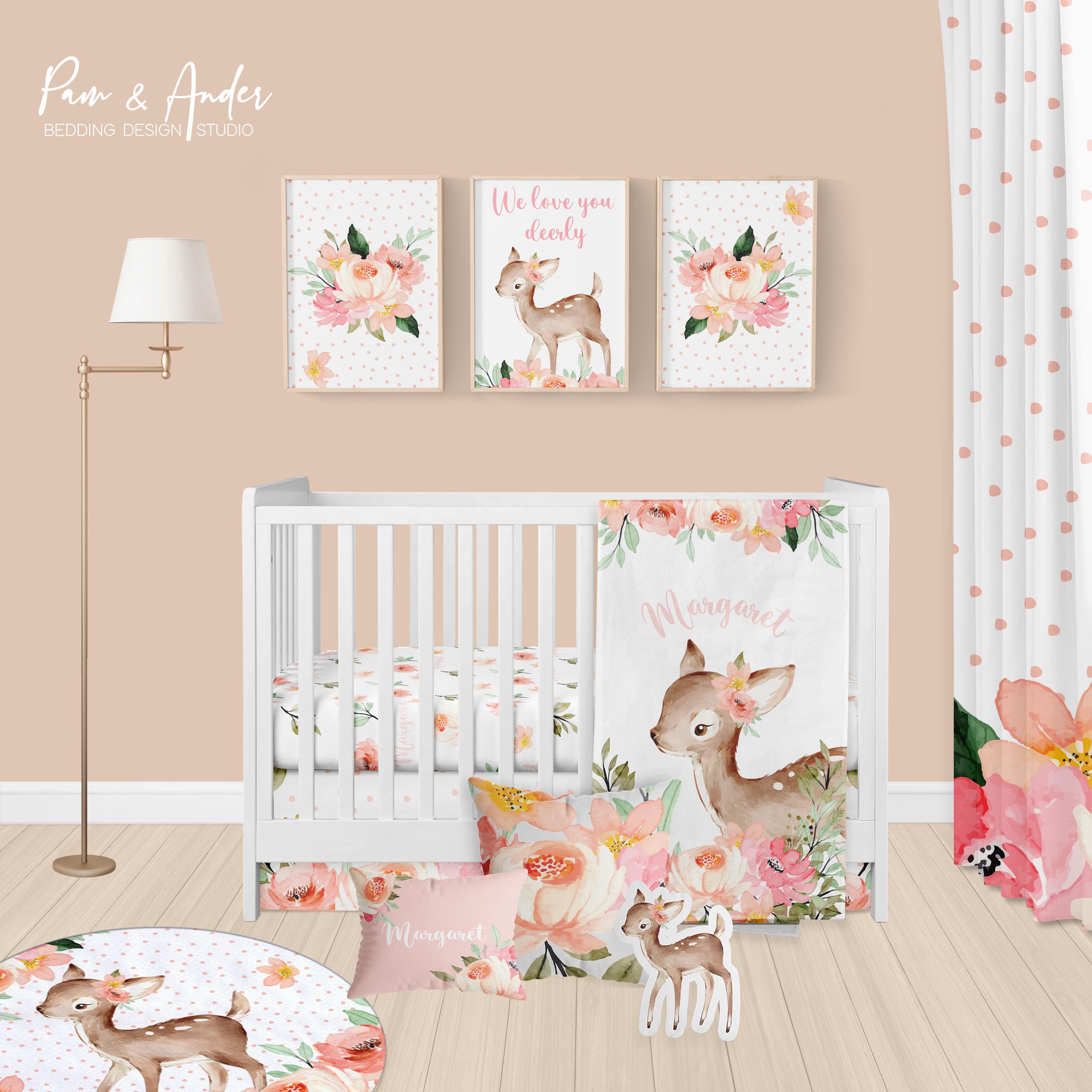 DEER AND FLOWERS Crib Set, baby girl bedding, Deer Baby Nursery Set, Baby Girl Crib, Woodland Baby Nursery, Personalized Baby Blanket