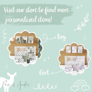 May include: Two images of a crib with bedding and decor. The first image shows a crib with a black and white patterned bedding set, a green and black plaid blanket, and a black bear print. The second image shows a crib with a white and purple patterned bedding set, a white and purple blanket, and a floral print. The text "Girl" and "Boy" are shown with arrows pointing to the corresponding crib.