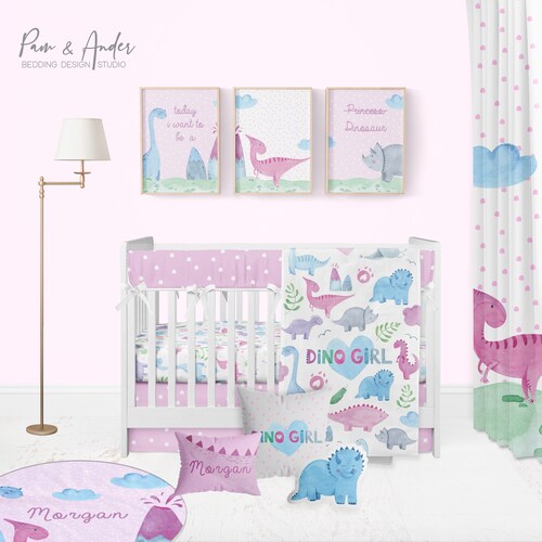 Baby Girl Crib Bedding Set Girl Dinosaur Nursery Decor Pink Etsy