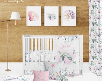 SEA TURTLE CRIB bedding set, ocean nursery, girl baby bedding, baby girl bedding crib, baby animals, baby bedding