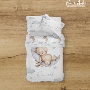 Bear Boy Bedding Set, Bear Nursery Bedding, Personalized Baby Boy Bedding, Moon Bear Bedding, Blue Bedding, personalized bedding