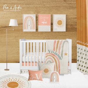 La PREMURA Boho Rainbow Baby Nursery Crib Bedding Set, 3 Piece Standard Size Crib Bedding Sets, Brown & Natural