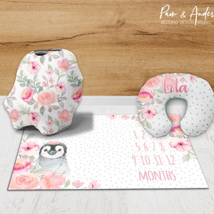 Conjunto de accesorios de pingüino para bebé niña, Manta personalizada para bebé niña, Pingüino floral, Guardería de bebé pingüino