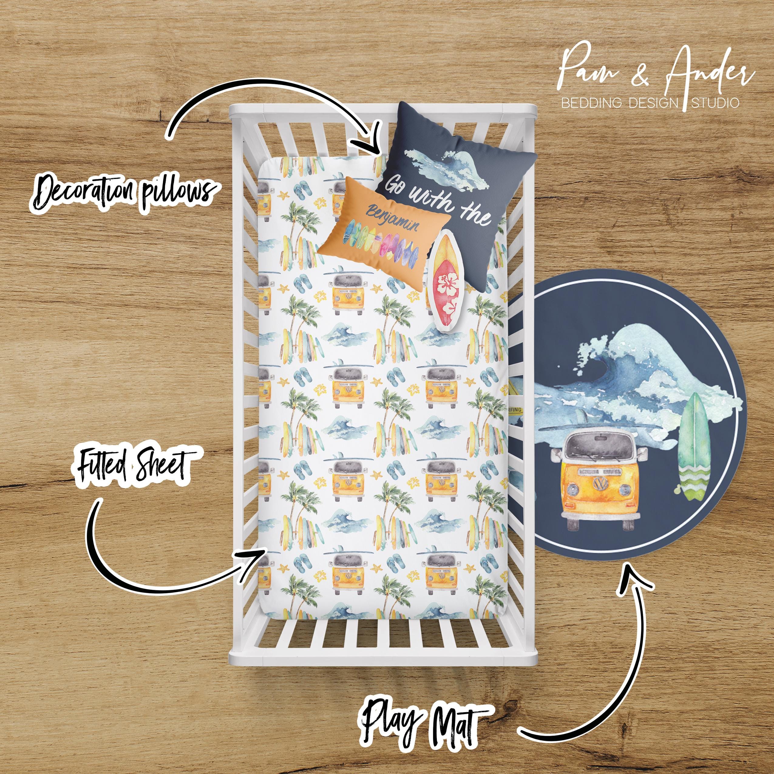 Surf Crib Bedding Set, Surfer Baby Blanket, Personalized Crib Sheet