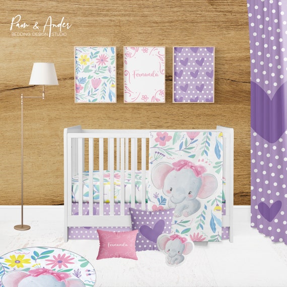 Elephant Purple Flower Crib Bedding Elephant Baby Bedding Set