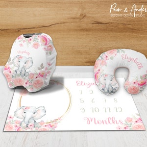 Conjunto de accesorios para bebés elefantes, conjunto de accesorios para niñas, accesorios florales rosas, vivero de elefantes florales, accesorios para bebés