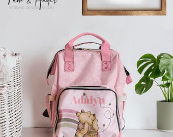 WINNIE THE POOH Diaper Backpack, Pink Baby and Toddler Backpack, Personalized Diaper Bag, Baby Shower Gift, Newborn Gift, Baby Girl Gift