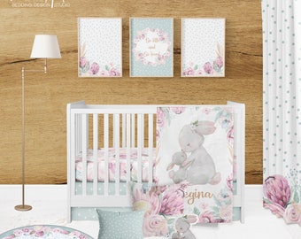 BUNNY BABY CRIB set, floral crib bedding, bunny nursery, girl crib bedding set, bunny baby blanket, baby bedding