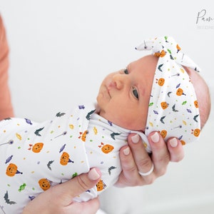 PUMPKIN Conjunto de envoltorios para bebés unisex, accesorios para bebés de dulces de Halloween, envoltorio personalizado con nombre de bebé, sombrero para bebés, diadema para niñas