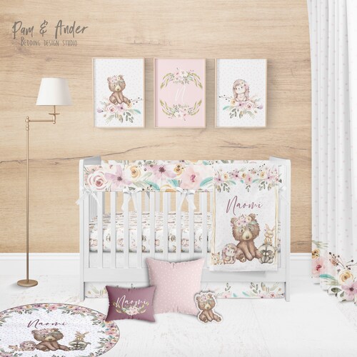 Crib Bedding Girl Woodland Nursery Floral Baby Bedding Etsy