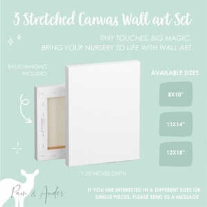 May include: A set of three stretched canvas wall art prints. The canvases are white and have a 1.25 inch depth. The available sizes are 8x10 inches, 11x14 inches, and 12x18 inches. The text "TINY TOUCHES, BIG MAGIC. BRING YOUR NURSERY TO LIFE WITH WALL ART." is displayed above the canvases.