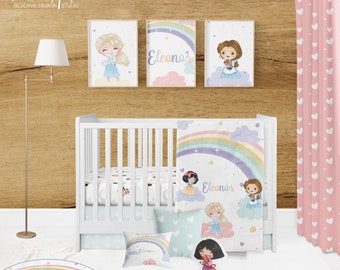 PRINCESS NURSERY, princess crib bedding set, personalized rainbow blanket, princess crib sheet, baby bedding