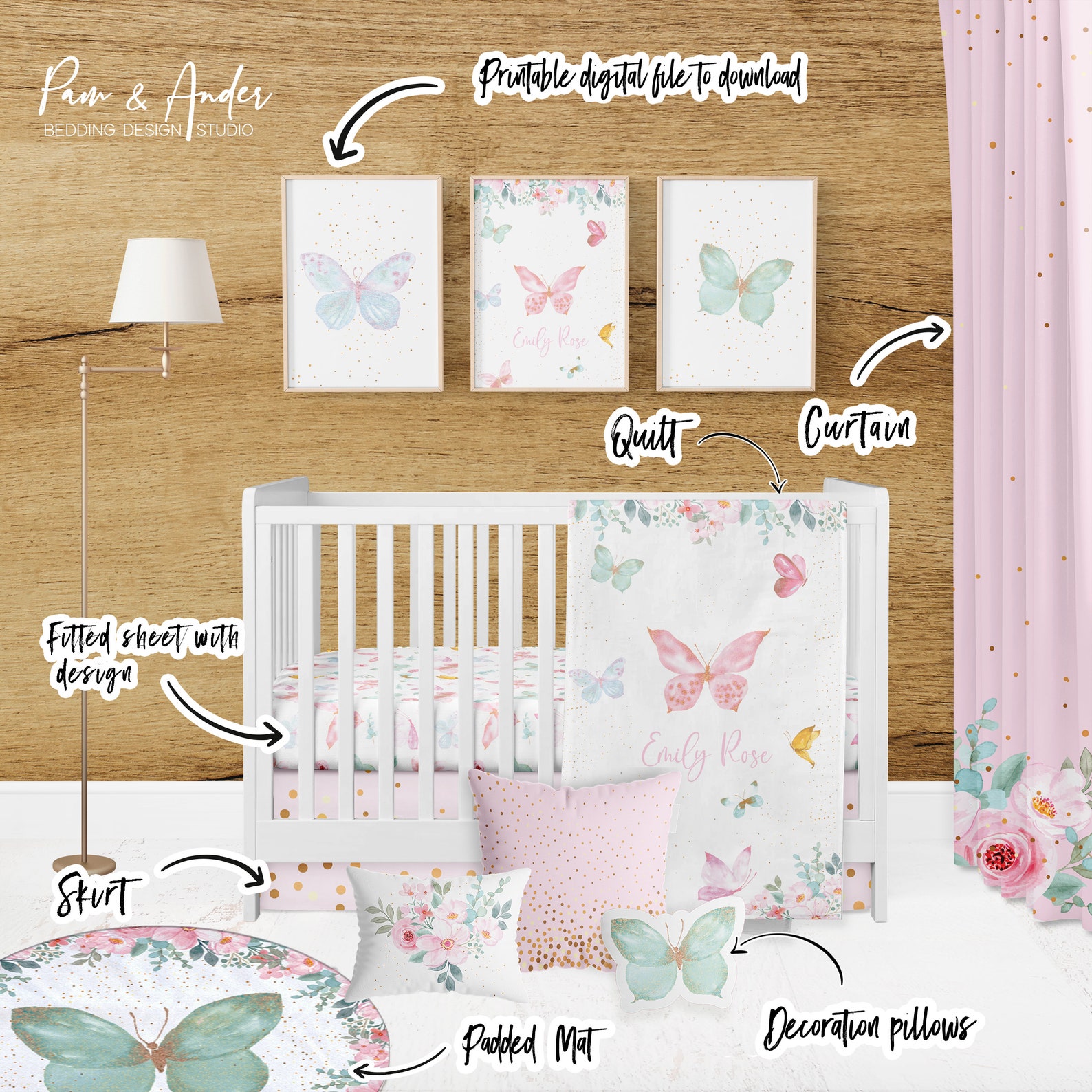 BUTTERFLY CRIB BEDDING Set, Floral Crib Bedding, Butterflies Nursery