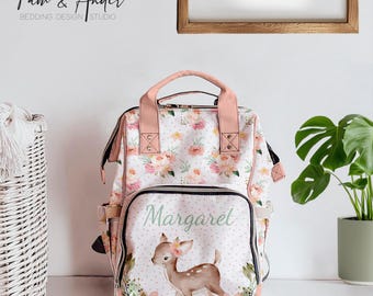 FLOWERS AND DEER Diaper Backpack for Moms, Floral Baby Bag, Personalized Baby Shower Gift, Stylish Nappy Bag, Newborn Gift, Baby Girl Gift