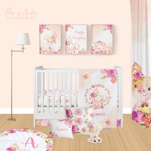 Floral Pig Crib Bedding Set, Crib Bedding Set, Floral Pig Nursery, Baby Pig Nursery, Baby Bedding, Baby Girl Floral Bedding