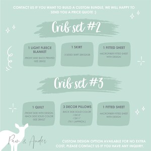 May include: A graphic showing two cot set options. Cot set #2 includes a light fleece blanket, a skirt, and a fitted sheet. Cot set #3 includes a quilt, three decorative pillows, and a fitted sheet. Both sets feature custom design options.