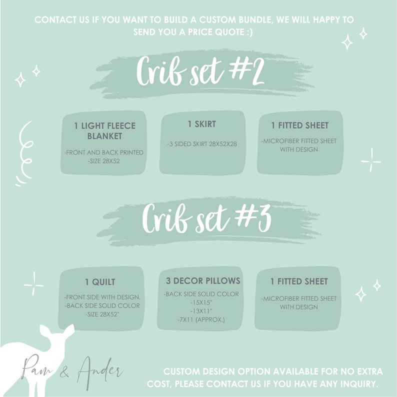May include: A graphic showing two cot set options. Cot set #2 includes a light fleece blanket, a skirt, and a fitted sheet. Cot set #3 includes a quilt, three decorative pillows, and a fitted sheet. Both sets feature custom design options.